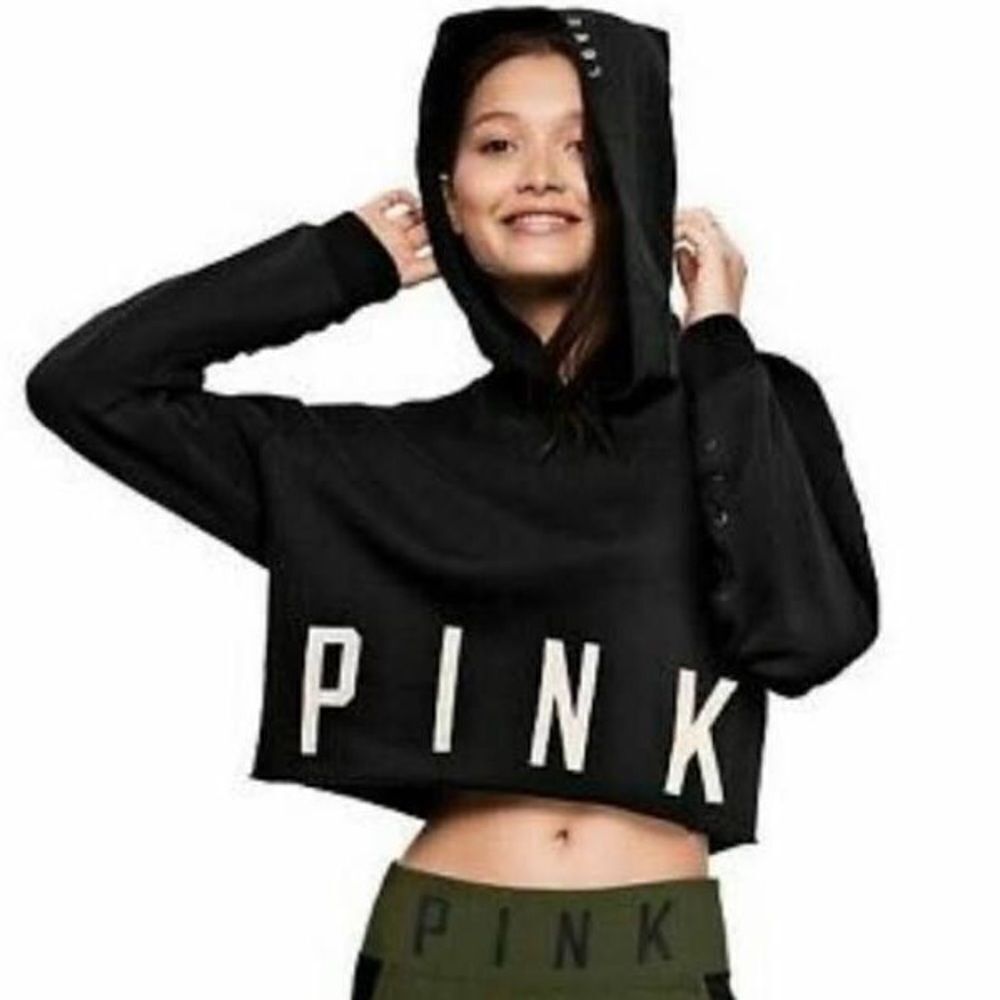 PINK by VS Crop Top Lace Up Sleeve Hoodie - Black